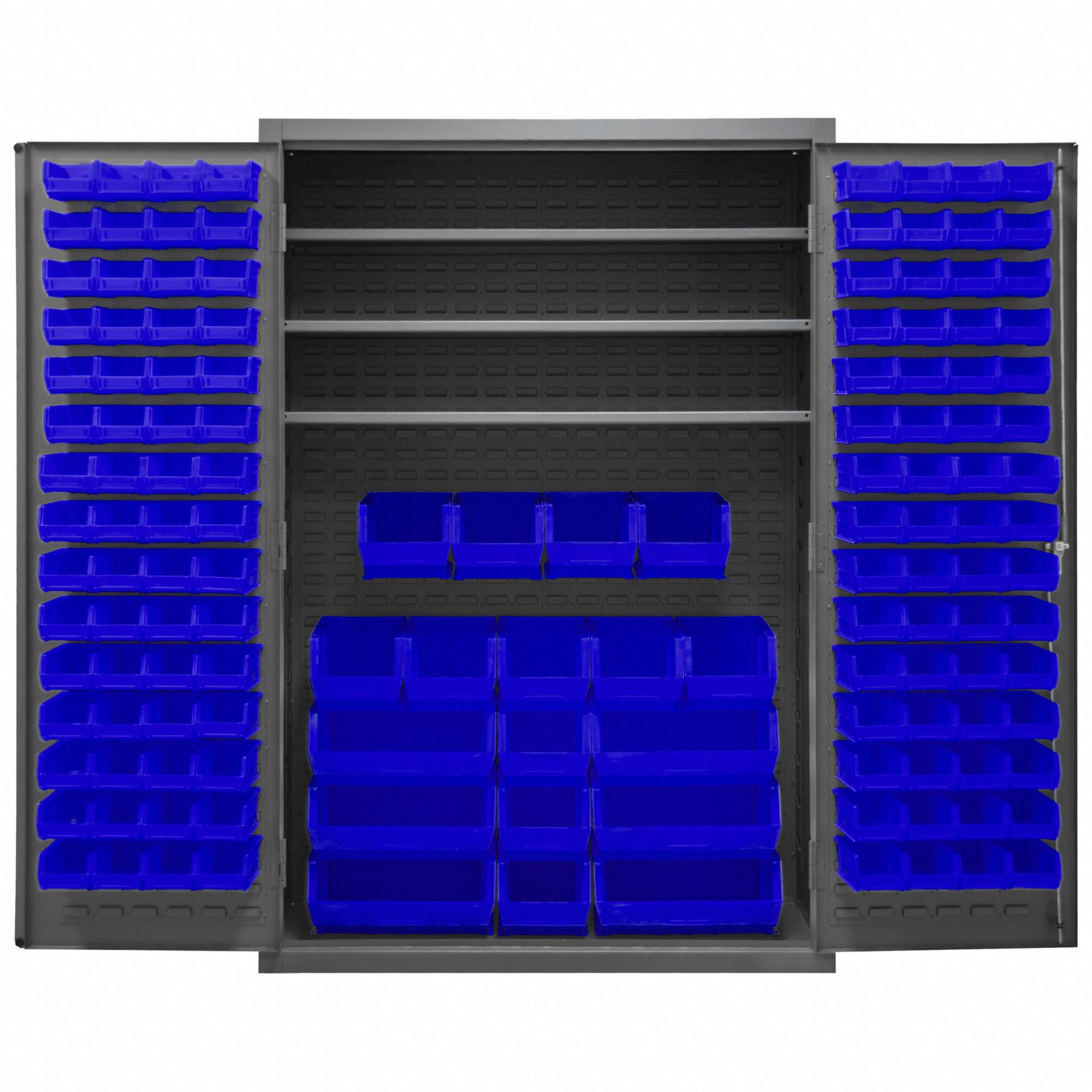 BIN CABINET, 48 IN X 24 IN 72 IN, 3 SHELVES, 138 BINS, BLUE, FLUSH, 16 GA PANEL, GREY