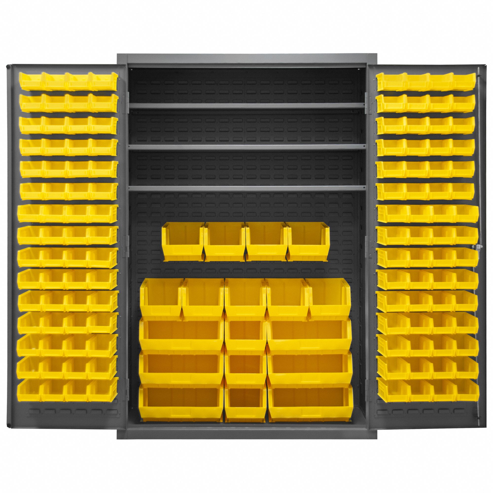 BIN CABINET, 48 IN X 24 IN 72 IN, 3 SHELVES, 138 BINS, YELLOW, FLUSH, 16 GA PANEL, GREY