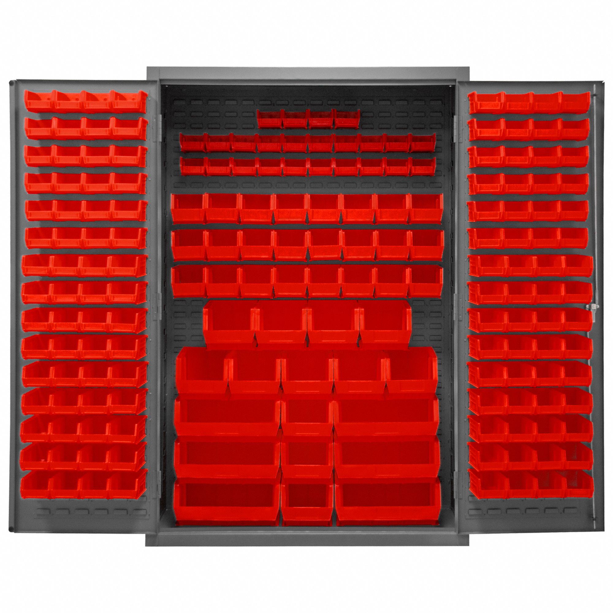 BIN CABINET, 48 IN X 24 IN 72 IN, 186 BINS, RED, FLUSH, 16 GA PANEL, GREY