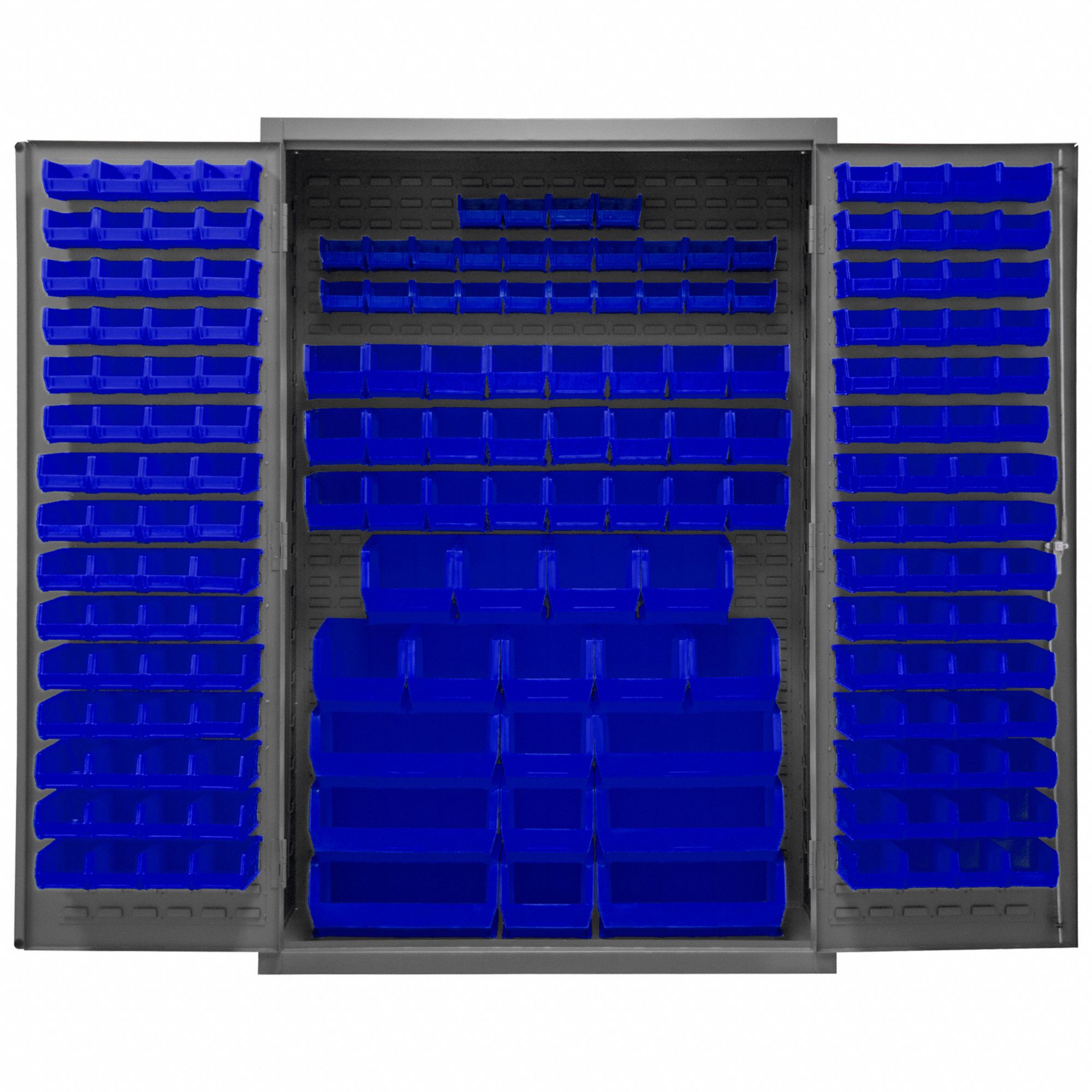 Bin Cabinet: 48 in x 24 in 72 in, 0 Shelves, 186 Bins, Blue, Flush, 16 ga Panel, Gray