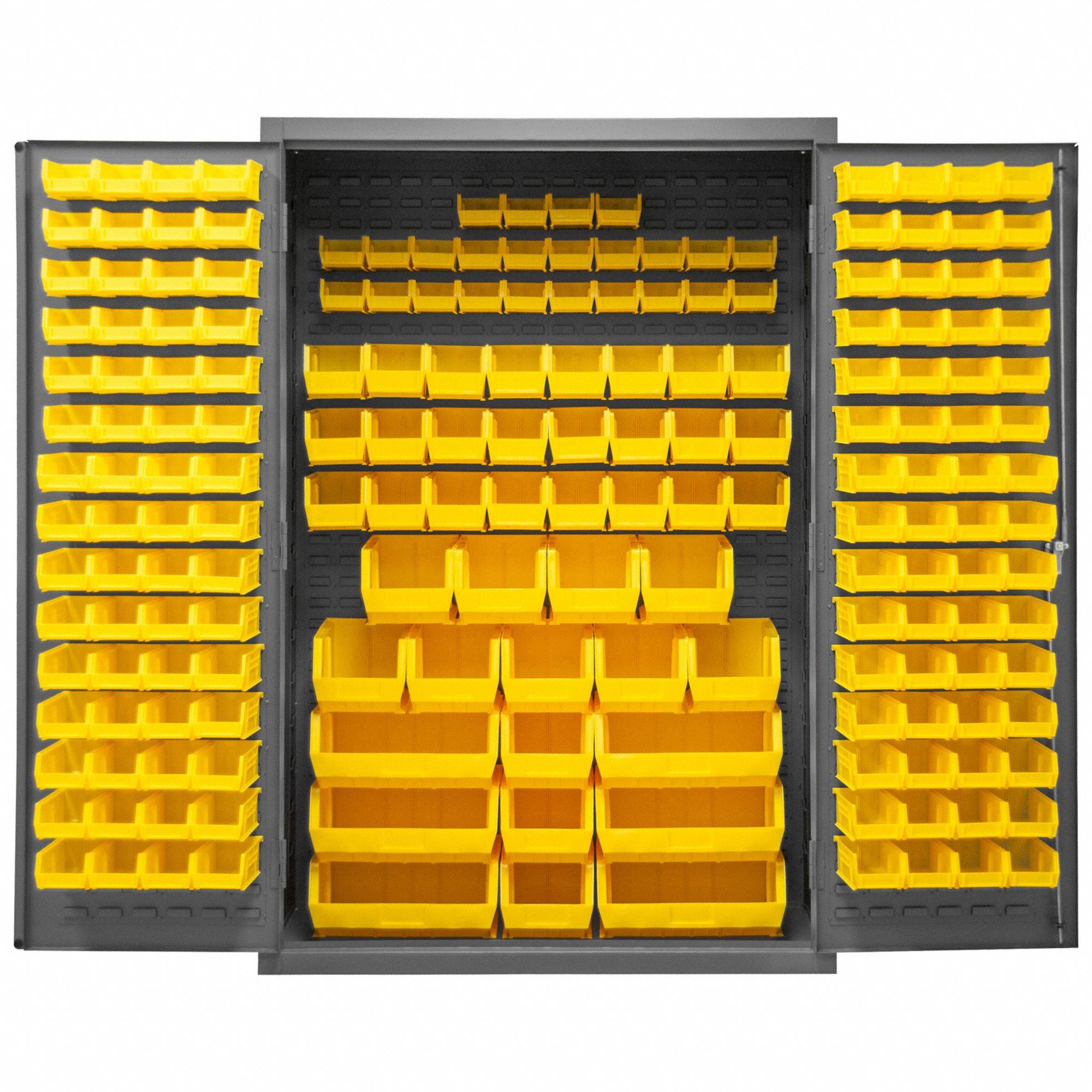 BIN CABINET, 48 IN X 24 IN 72 IN, 186 BINS, YELLOW, FLUSH, 16 GA PANEL, GREY