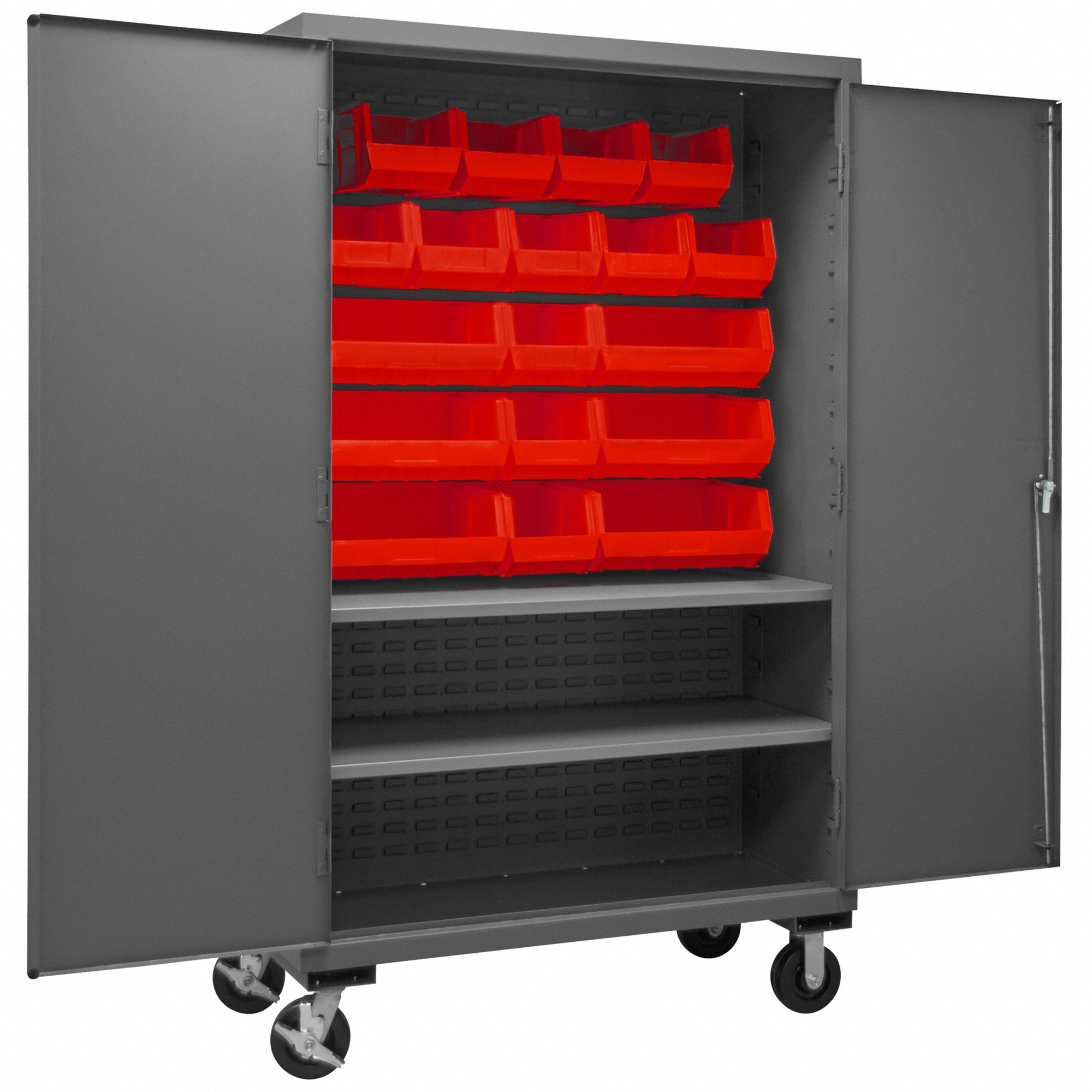 Bin Cabinet: 48 in x 24 in x 80 in, 2 Shelves, 18 Bins, Red, Solid, Assembled, Gray