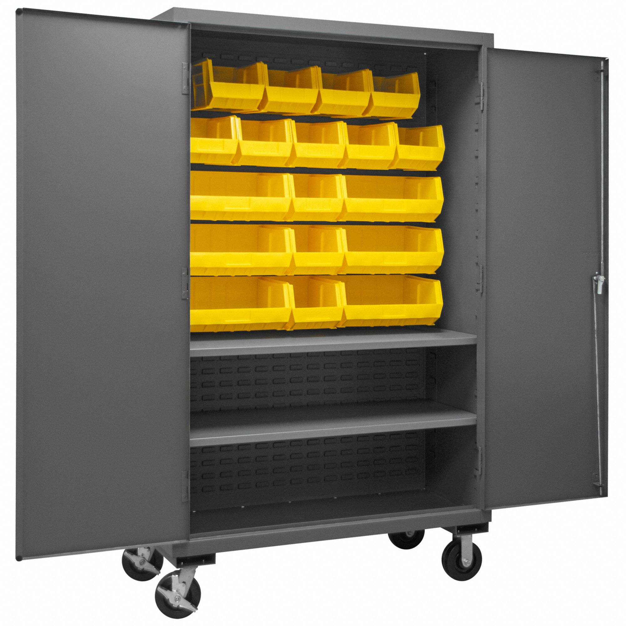 Bin Cabinet: 48 in x 24 in x 80 in, 2 Shelves, 18 Bins, Yellow, Solid, Assembled, Gray