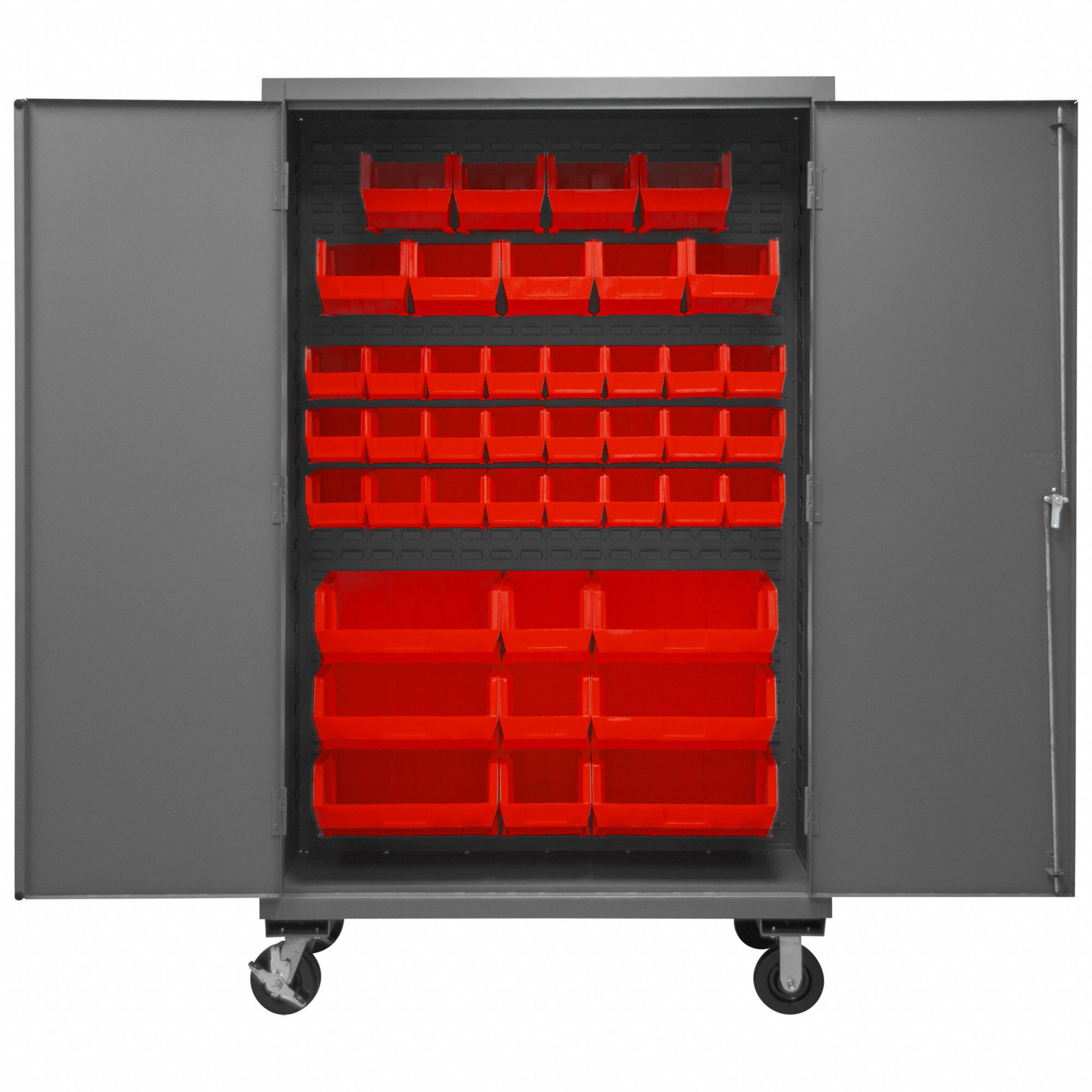 Bin Cabinet: 48 in x 24 in x 80 in, 0 Shelves, 42 Bins, Red, Solid, Assembled, Gray, Bins