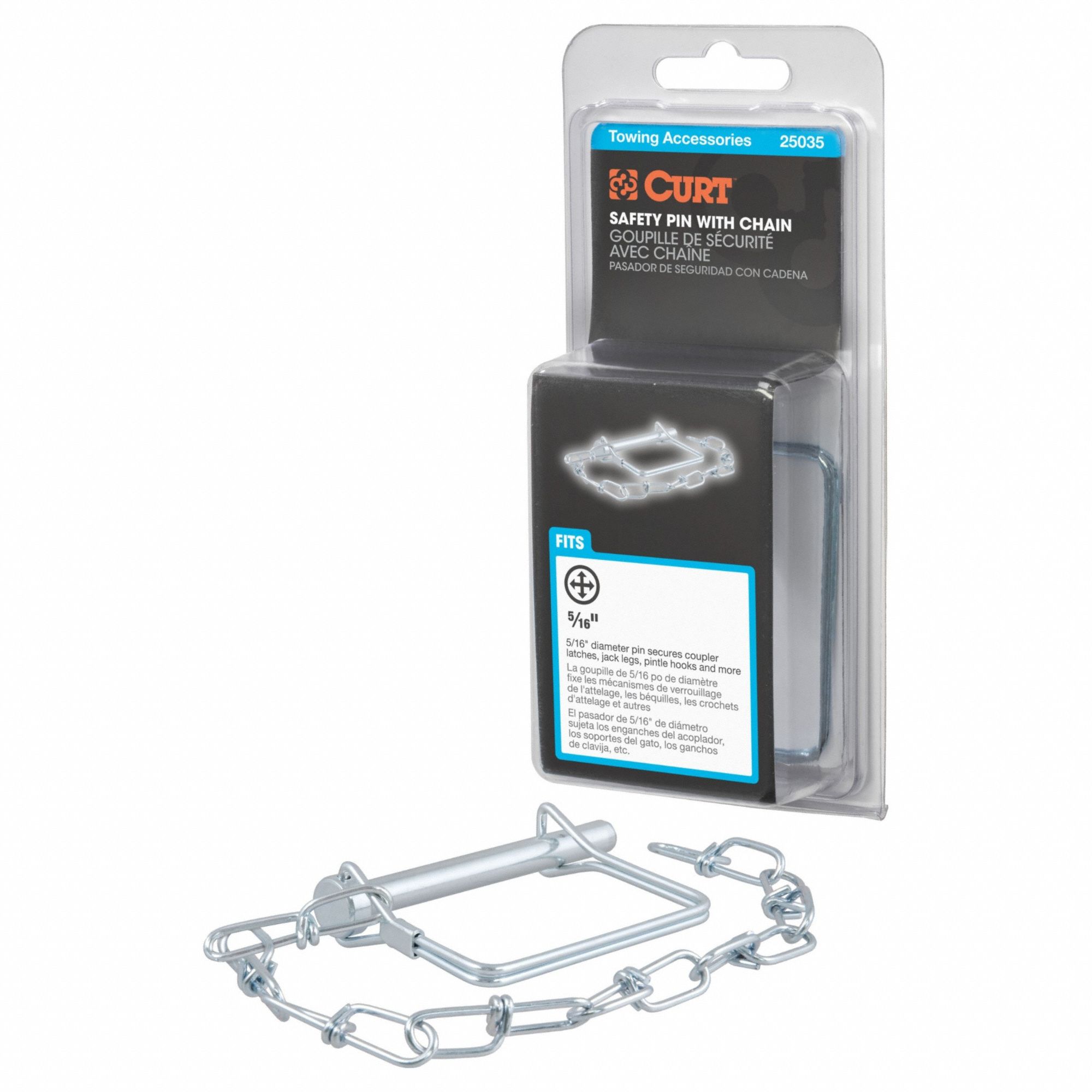 Trailer Hitch Pin: 3/8 in Pin Dia, 3 in Overall Lg, 3 in Usable Lg, 12 in Chain, Steel