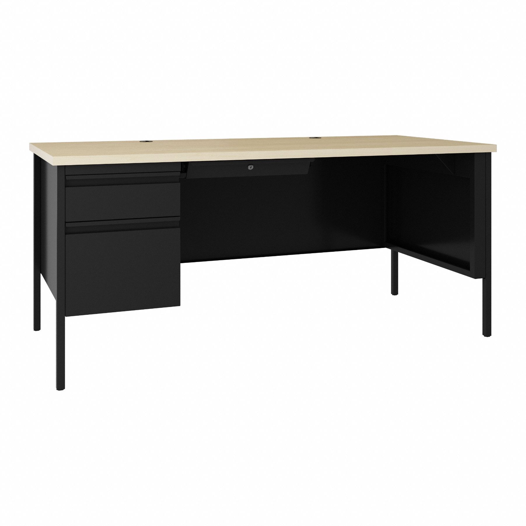 Single Pedestal Desk: Melamine Laminate/Particleboard, Maple, 1 Pedestals, 2 Drawers