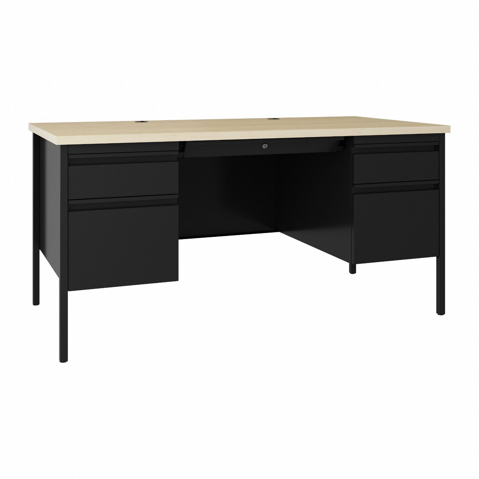 Double Pedestal Desk: Melamine Laminate/Particleboard, Maple, 2 Pedestals, 4 Drawers