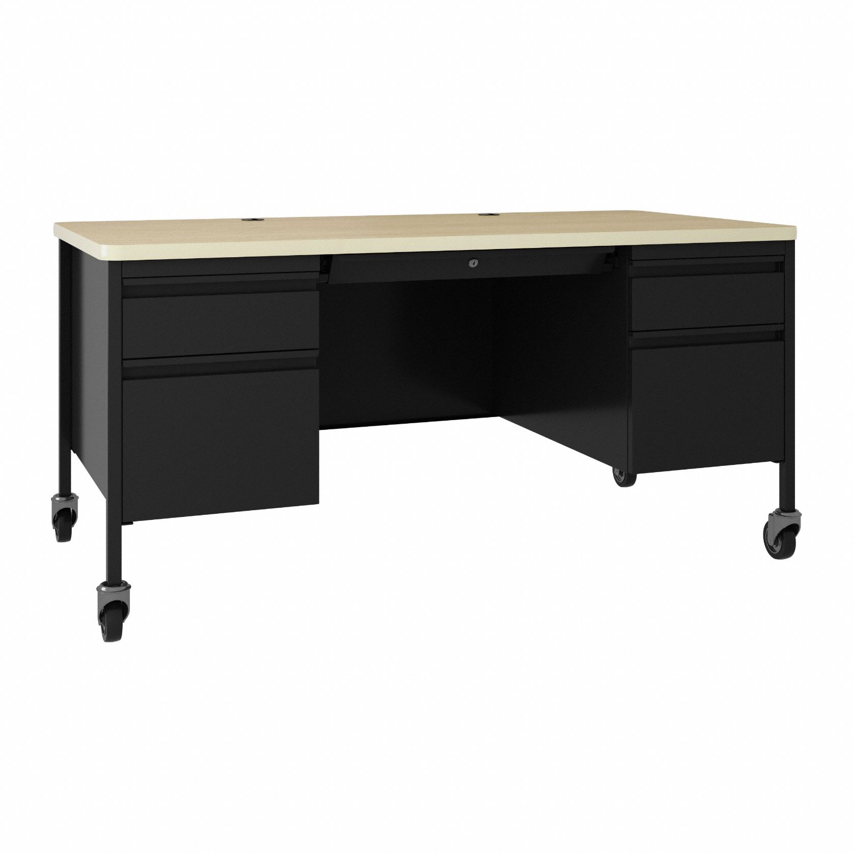 Double Pedestal Desk: Melamine Laminate/Particleboard, Maple, 2 Pedestals, 4 Drawers