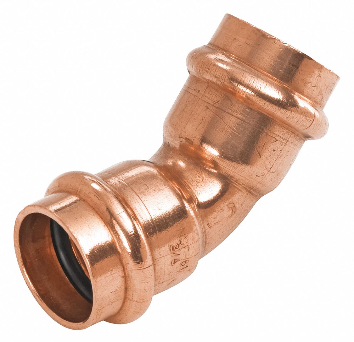 Crimp Elbow Fitting: 45° Elbow, 3 in CTS x 3 in CTS size, Press-fit x Press-fit, Copper