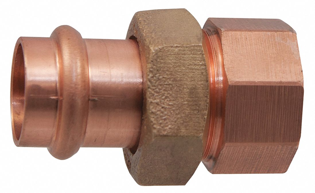 Crimp Union Fitting: Straight, 2 in CTS x 2 in Pipe size, Press-fit x FNPT, Copper