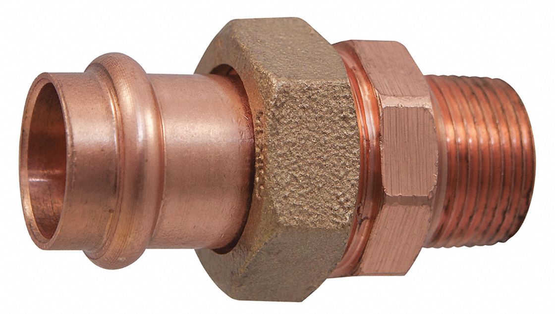 Crimp Union Fitting: Straight, 1 1/4 in CTS x 1 1/4 in Pipe size, Press-fit x MNPT, Copper