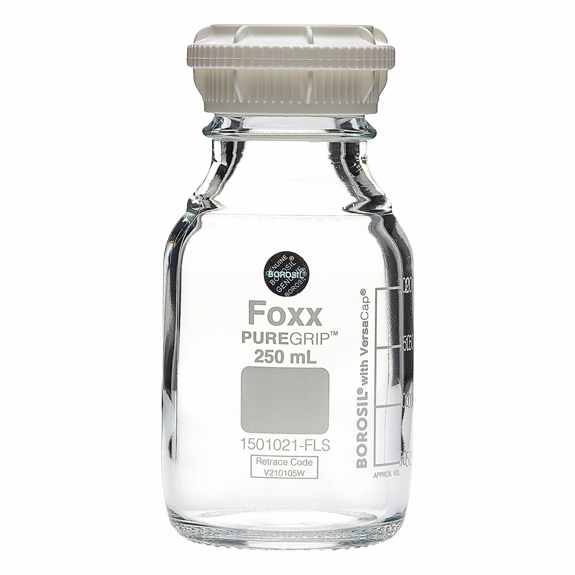 FOXX LIFE SCIENCES Glass Media, BOD, & Specialty Lab Bottles - Glass Lab Media Bottles: 500 mL, GL45 (MPN 1501024-FLS). Key specifications — Closure Type: Screw-On; Mouth Size: Wide; Screw Closure Size: GL45; Brand: FOXX LIFE SCIENCES; Body Color: Colorless.