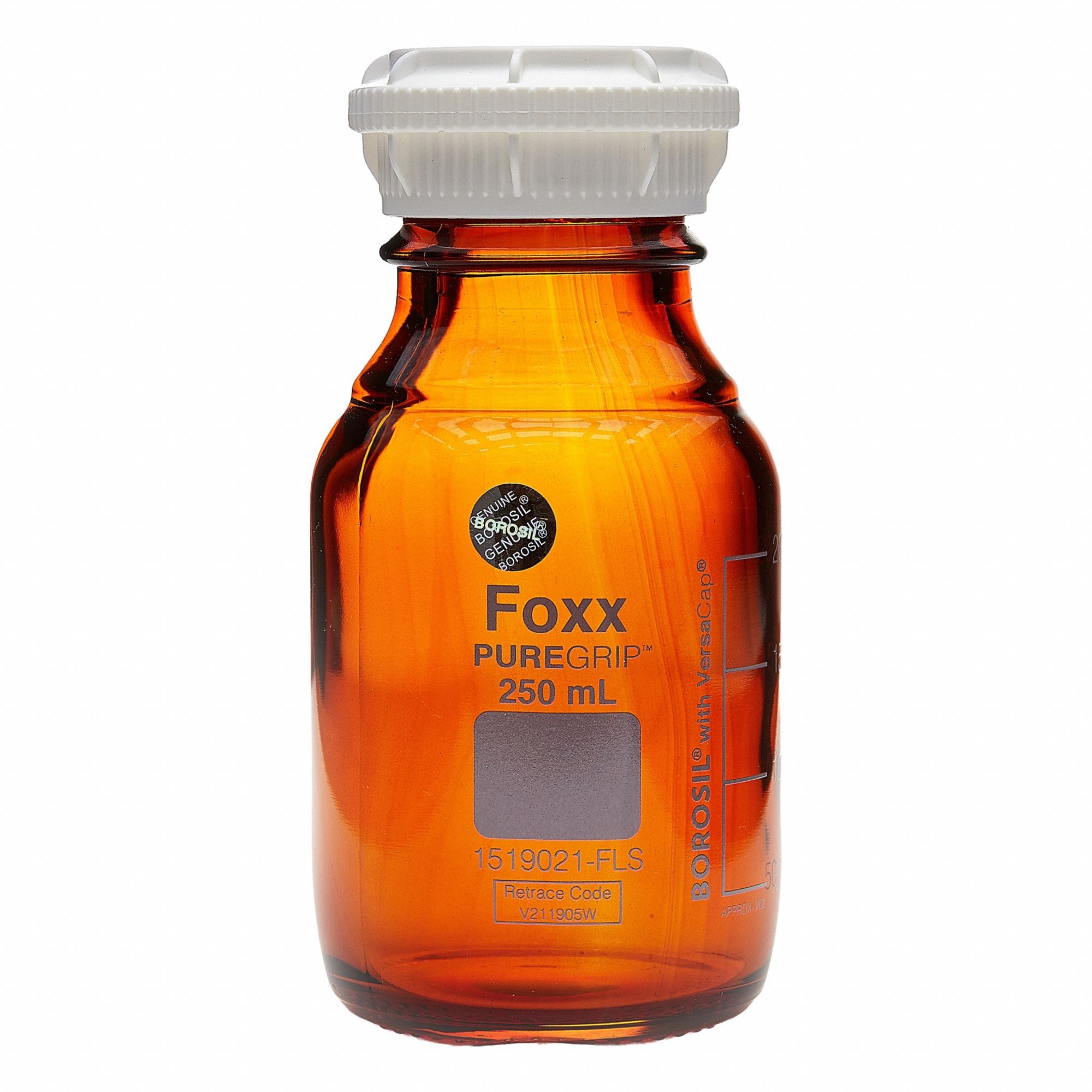FOXX LIFE SCIENCES Glass Media, BOD, & Specialty Lab Bottles - Glass Lab Media Bottles: 500 mL, GL45 (MPN 1519024-FLS). Key specifications — Closure Type: Screw-On; Mouth Size: Wide; Screw Closure Size: GL45; Brand: FOXX LIFE SCIENCES; Body Color: Amber.