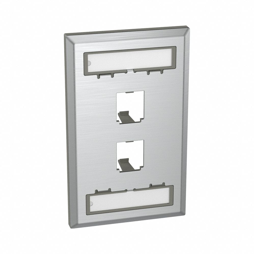 Wall Plate: Metallic, 1 Gang, 2 Port, Flat Module, Stainless Steel, Vertical