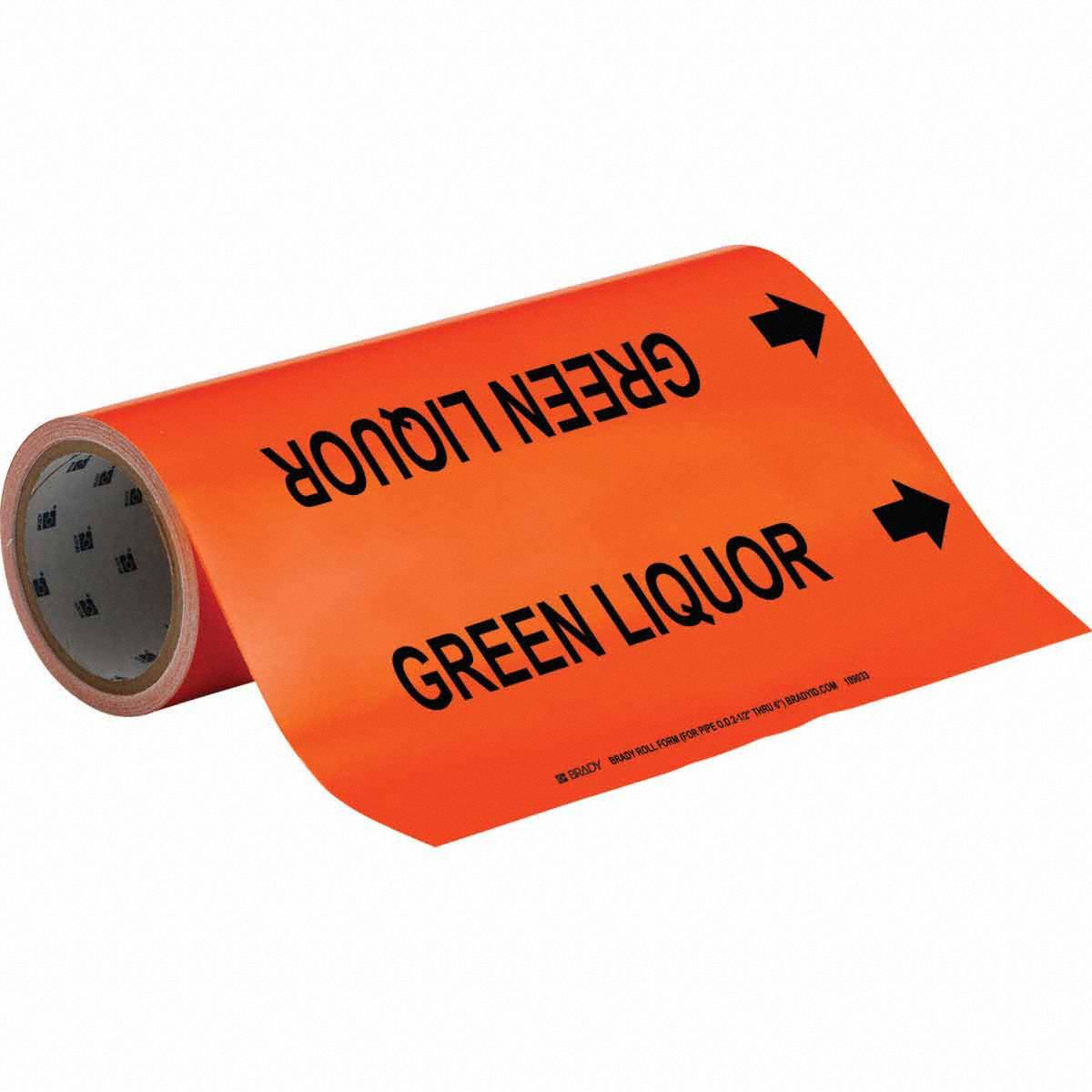 Pipe Marker: Green Liquor, Orange, Black, Fits 2 1/2 to 6 in Pipe O.D., 30 Pipe Markers, With Arrows