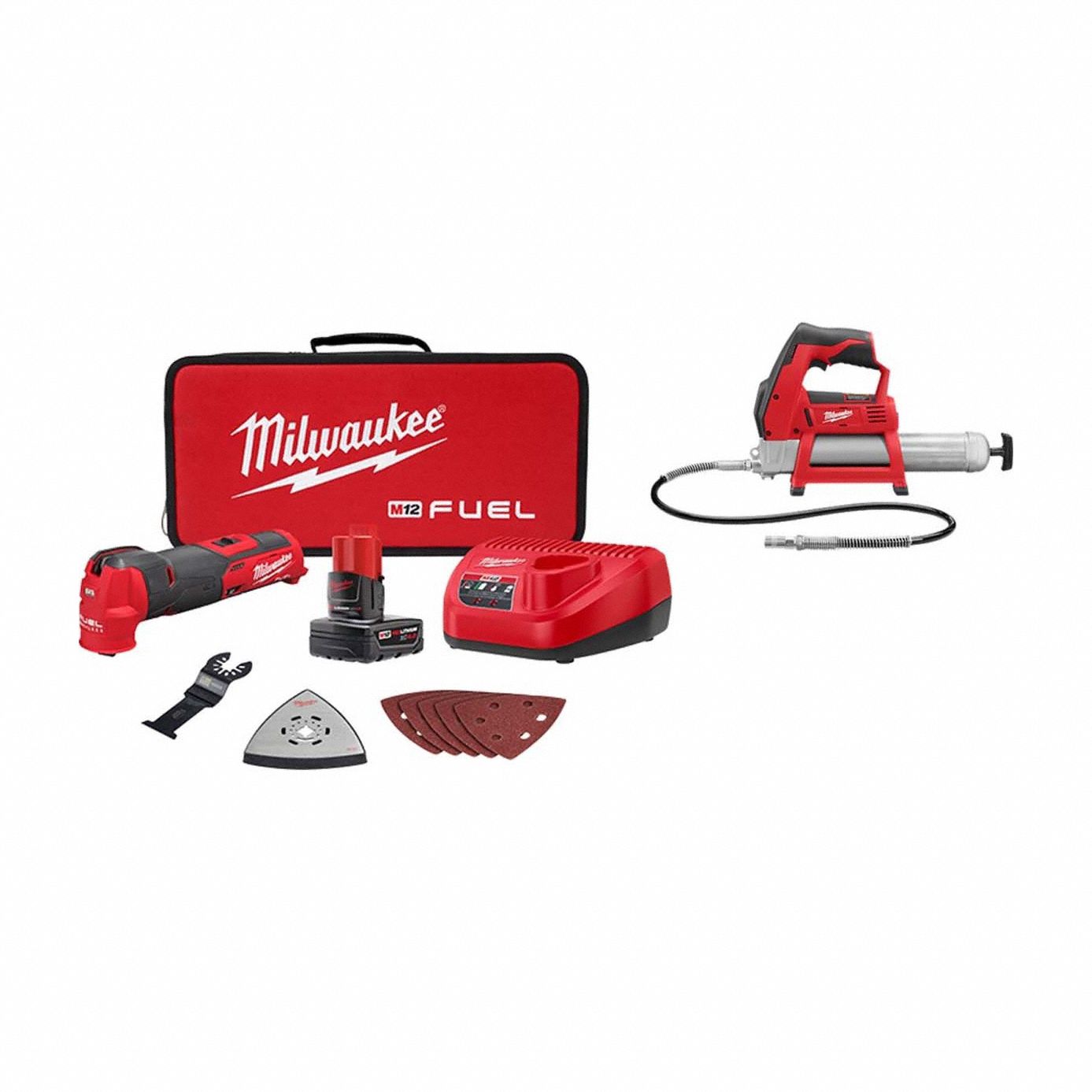 Tool Combination Kit: 2 Tools, Grease Gun/Oscillating Tool, 12 V DC Volt, Battery Included