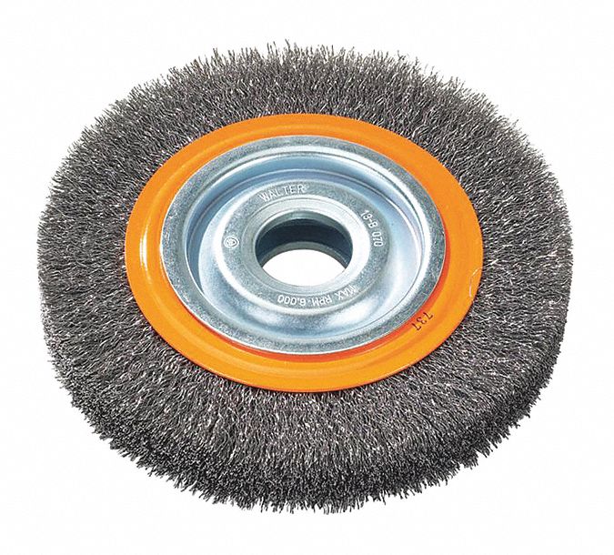 WHEEL BRUSH, CRIMPED WIRE, REDUCER BUSHING MOUNT, 8 IN BRUSH DIA/0.012 IN WIRE DIA, STEEL