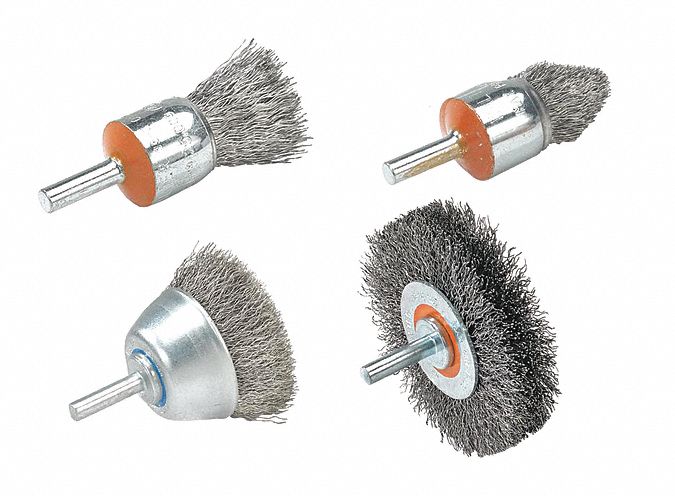 WHEEL BRUSH, CRIMPED WIRE, 1/4 IN SHANK, 3/4 IN BRUSH DIA/0.014 IN WIRE DIA, STEEL