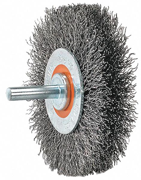 WIRE BRUSH, MOUNTED, CRIMPED, 12,000 MAX RPM, 1/4 IN FACE W, 3 IN BRUSH DIA/0.0118 IN WIRE DIA