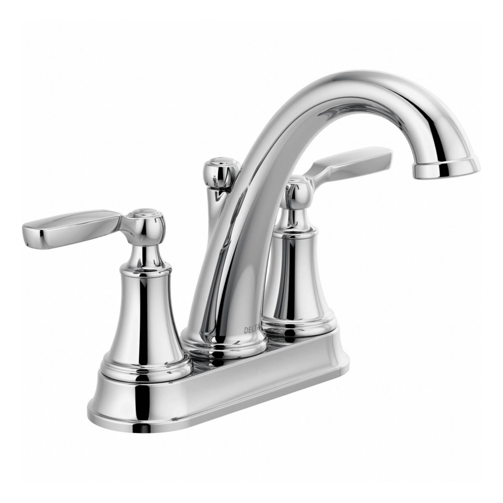 Two Handle Centerset Bathroom Faucet: WOODHURST, Metal, Chrome Finish, 1.2 gpm Flow Rate, Arc