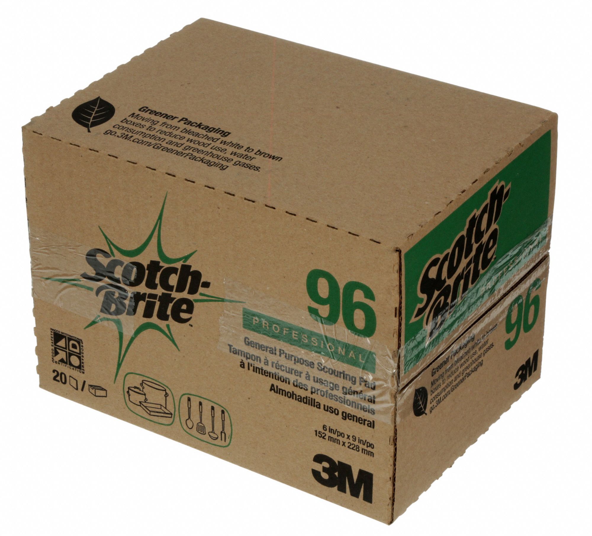 3M 6 in x 9 in Synthetic Fiber Scouring Pad, Green, 20PK 2U64396