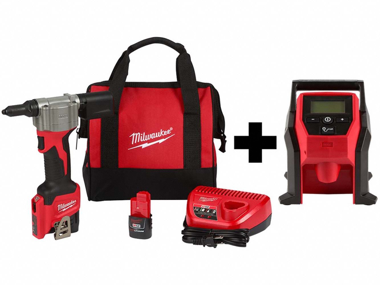 Cordless Combination Kit: 2 Tools, Inflator/Rivet Tool, 12 V DC Volt, Battery Included