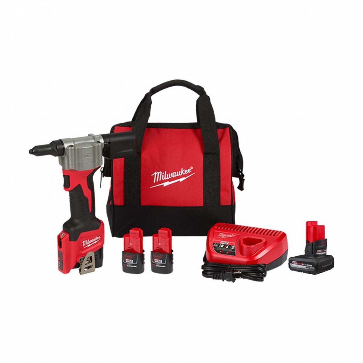 Rivet Tool Kit: 3 Batteries, 1 Charger, 1 1/2 in Stroke Lg, 2, 000 lbf Pulling Force, M12™