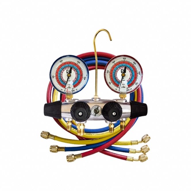 Manifold Gauge Kit: 4 Valves, 3 Hoses, Series ZEPPELIN, 3 1/8 in Gauge