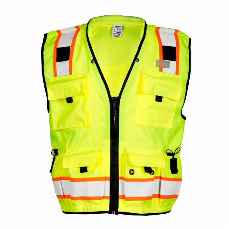 High-Visibility Vest: ANSI Class 2, U, 2XL, Lime, Solid Front/Mesh Back Polyester, Zipper