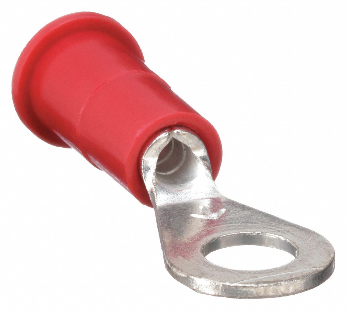 Ring Terminal: Red, Vinyl Insulation, #10 Stud Size, 22 AWG to 18 AWG Wire Sizes, 600 V