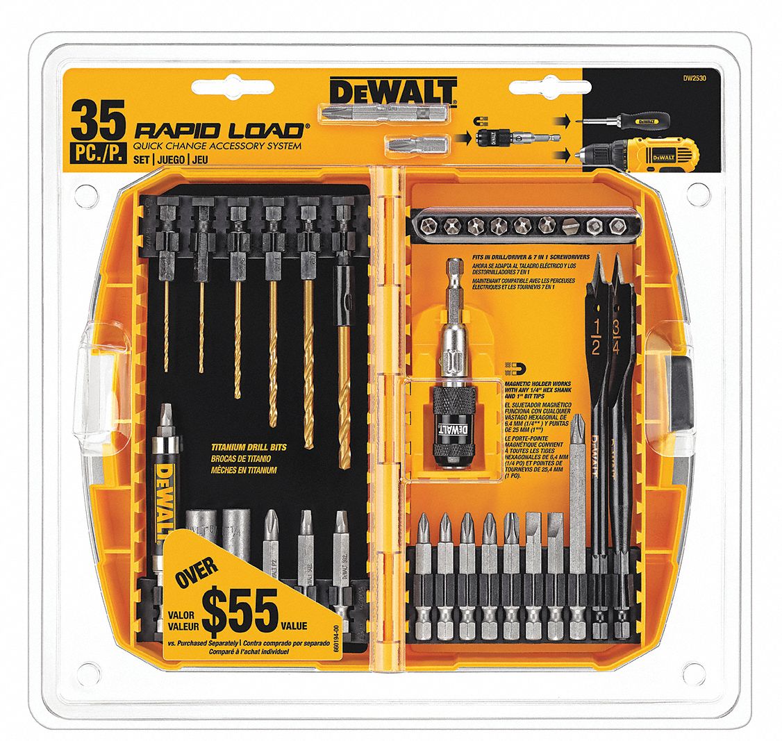 35Piece Rapid Load Holder and Bit Set, 1/4 in Hex Shank Size Grainger