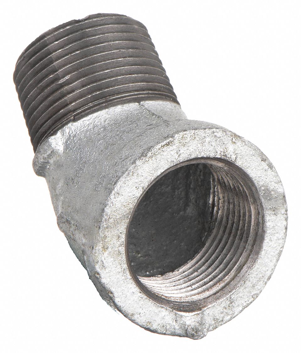 COUDE M&Acirc;LE-FEMELLE, 45 DEGREES, RACCORD 1/2 PO X 1/2 PO, NPT X NPT M&Acirc;LE, GALVANIS&Eacute;, FONTE MALL&Eacute;ABLE, 300 LB/PO2, ARGENT