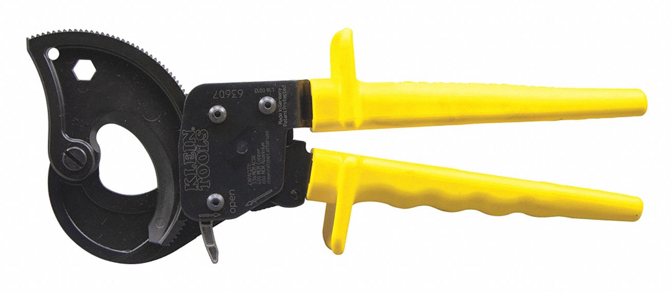 RATCHET CABLE CUTTER, HARDENED STEEL, YELLOW NON-SLIP GRIP/PLASTIC HANDLE, RATCHETING JAW, FOR ALUMINUM/COPPER, 10¼ IN L