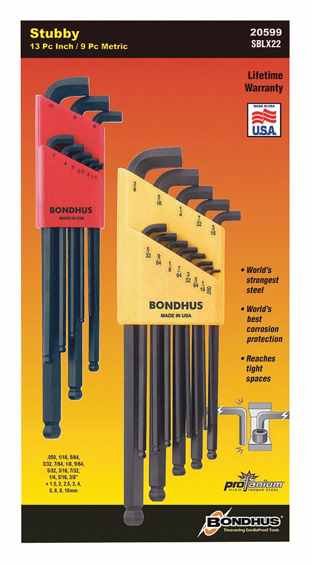 Bondhus 22199 Allen Key Hex Double Pack Metric & Imperial Long Arm