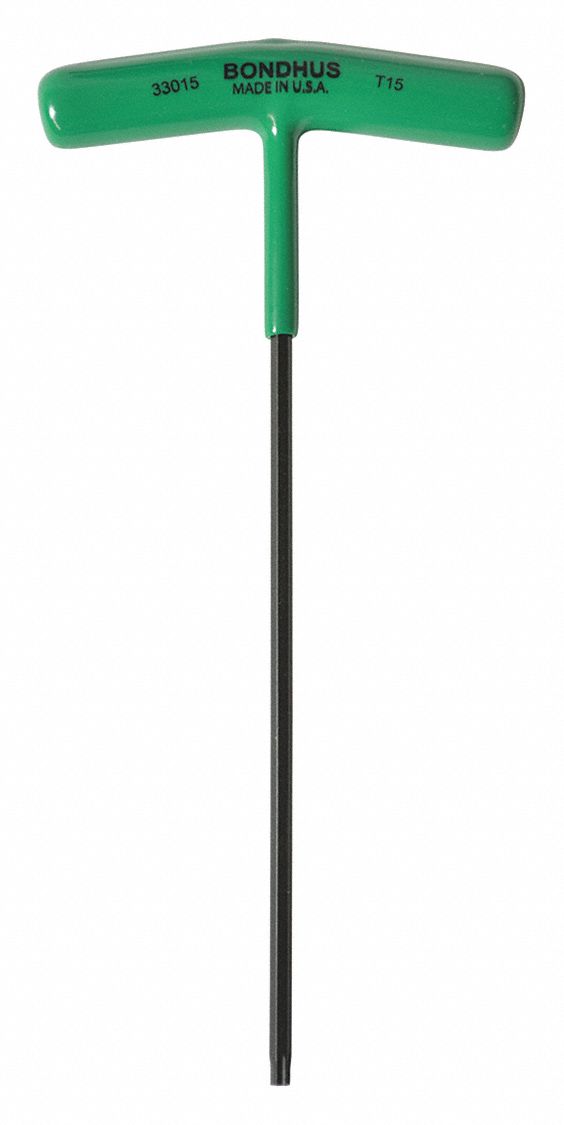 HEX KEY, STEEL, GREEN ERGONOMIC STEEL HANDLE, T15 TIP, TORX, CORROSION-RESISTANT, T KEY SHAPE, L