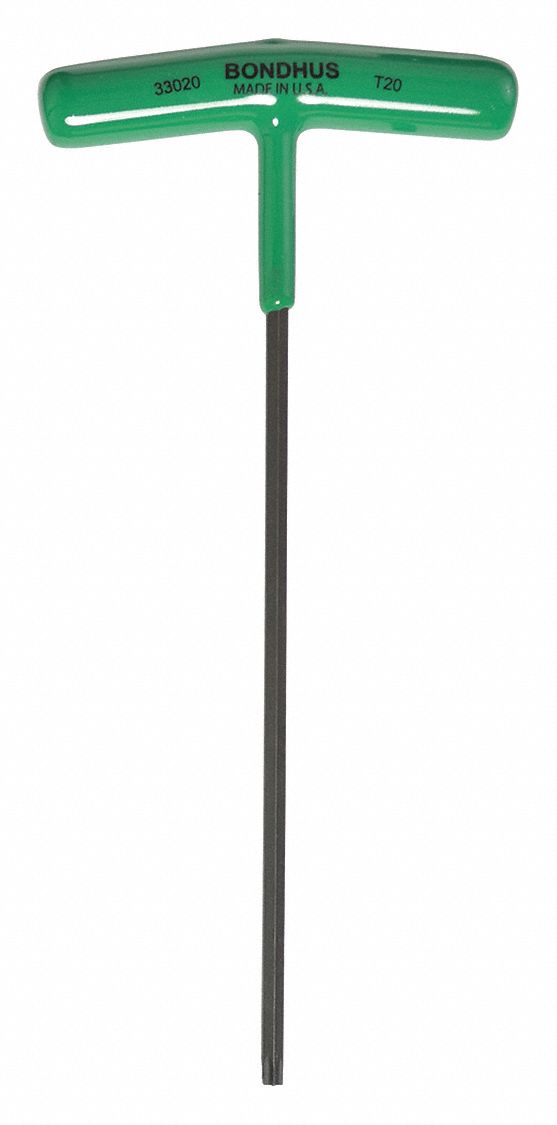 HEX KEY, STEEL, GREEN ERGONOMIC STEEL HANDLE, T20 TIP, TORX, CORROSION-RESISTANT, T KEY SHAPE, L