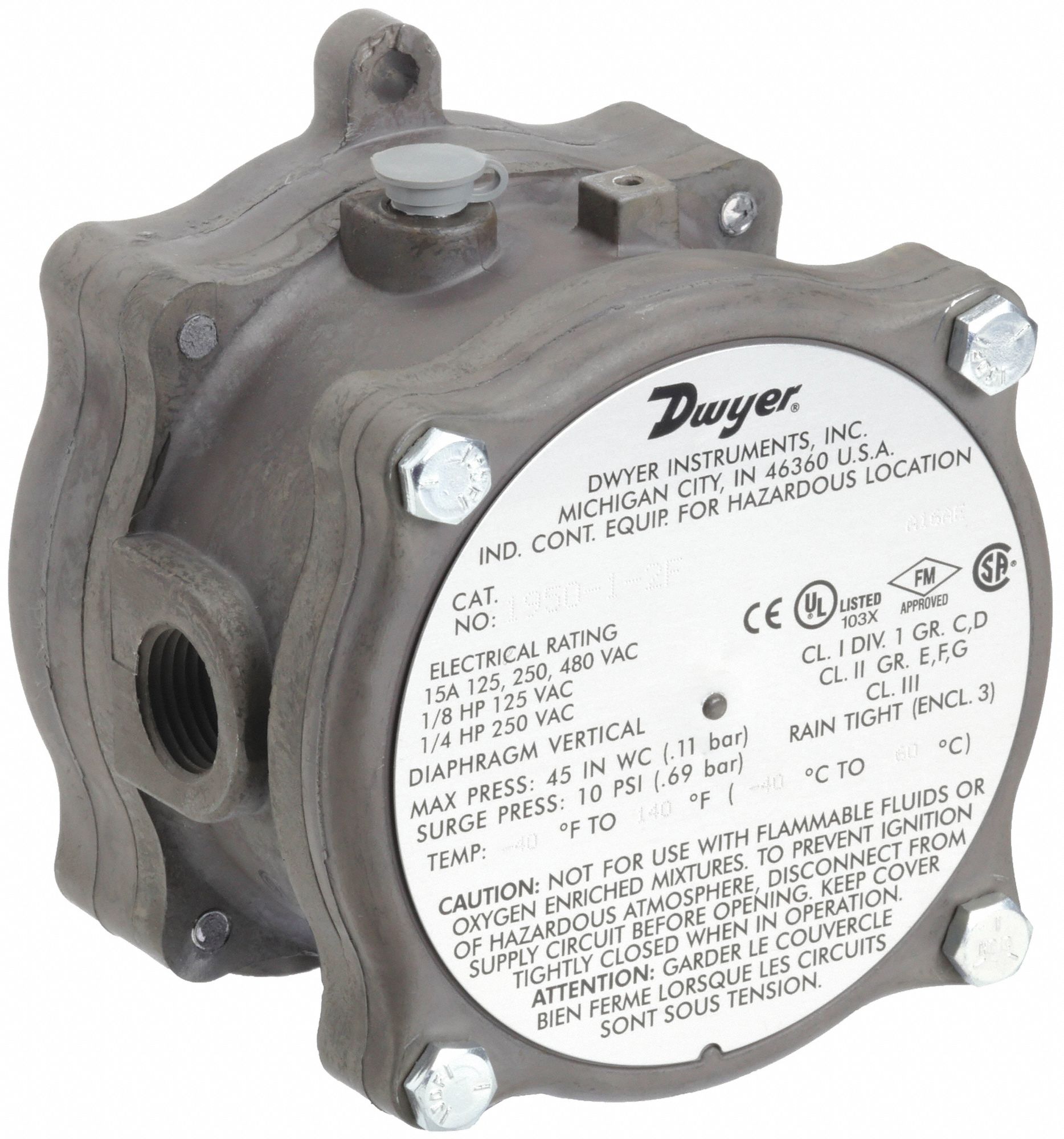 Differential Pressure Switch: Adj, Auto Reset, 0 in wc to 45 in wc, NEMA-3 Enclosure, SPDT, NPT