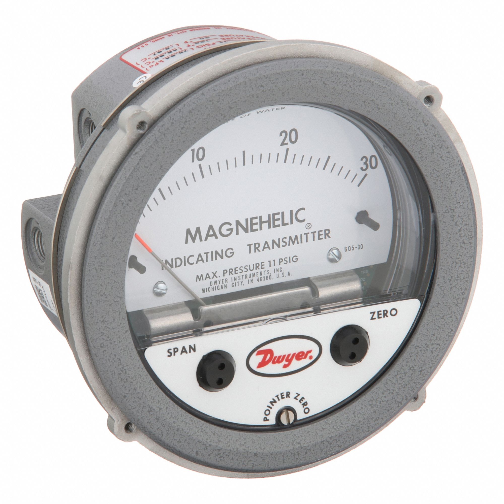 Indicating Transmitter: Dial, 0 in wc to 30 in wc, Terminal Block, 5 in Dia, 605, 4 to 20mA