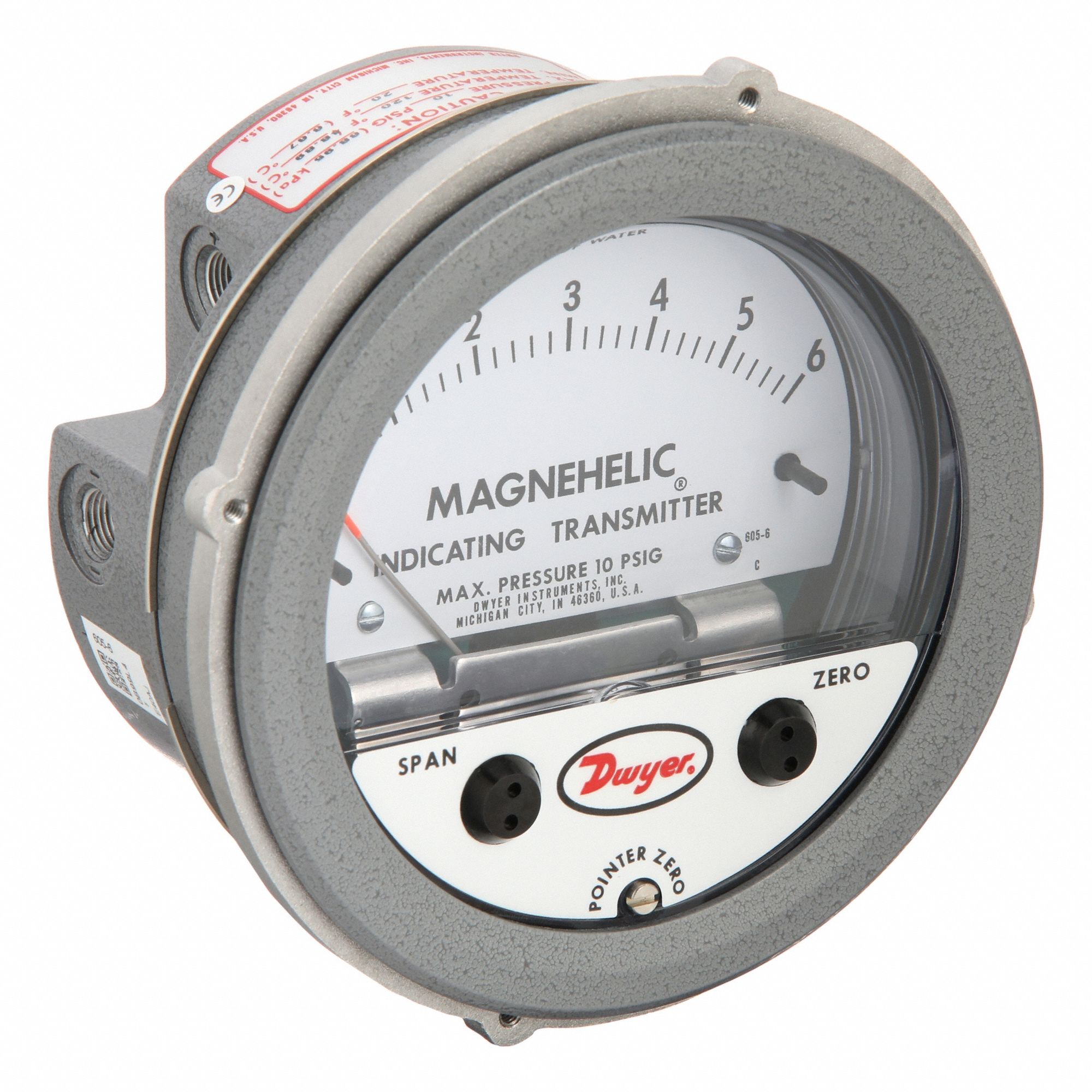 Indicating Transmitter: Dial, 0 in wc to 6 in wc, Terminal Block, 5 in Dia, 605, 4 to 20mA