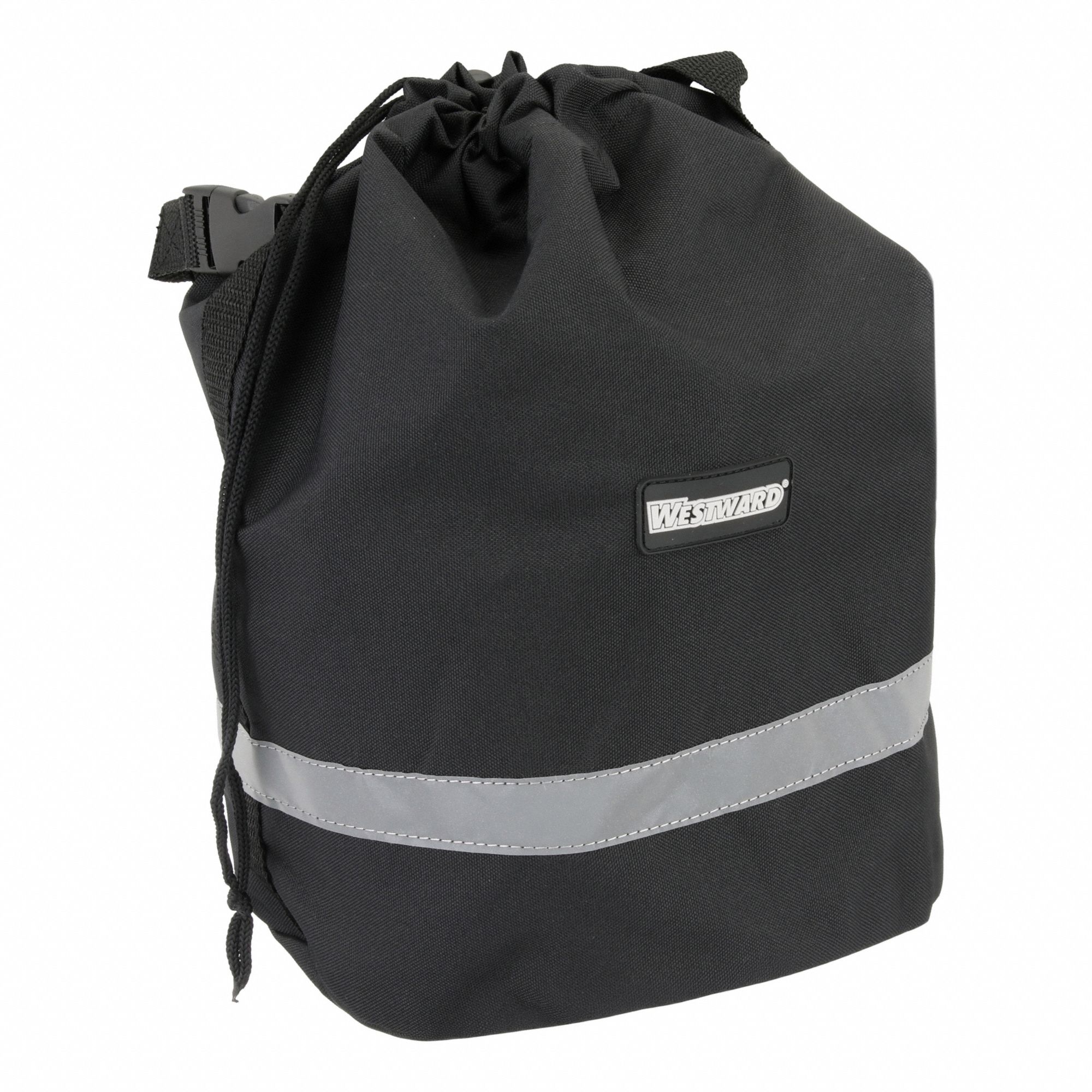 Drawstring Bag: Black, Reflective Stripe/Webbed Carry Handle, Drawstring, 10 in Overall Lg