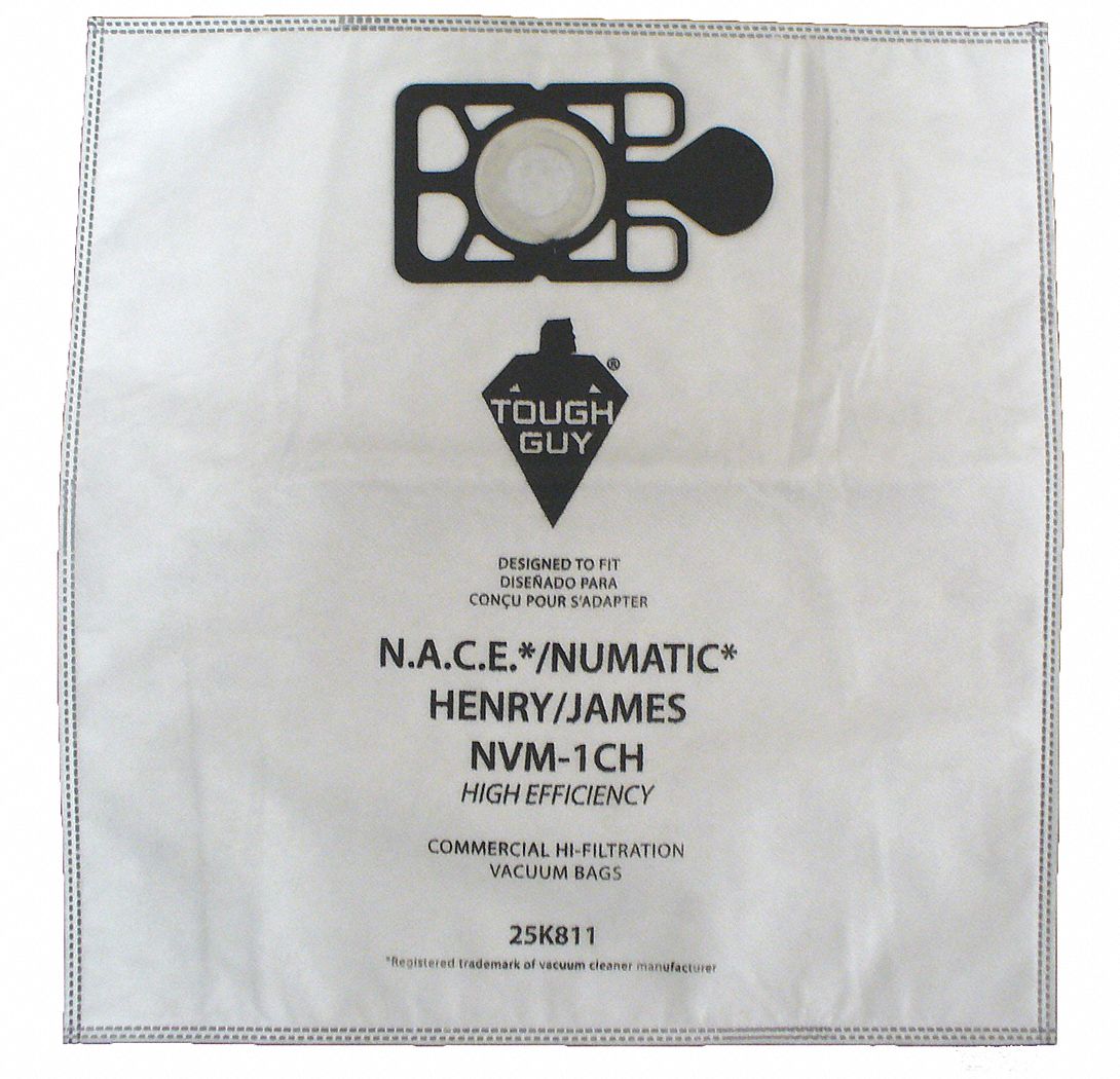 TOUGH GUY Vacuum Bag Fits Nacecare Vacuum Brand, Dry, Cloth, 4Ply, Std, 10 PK 25K81125K811