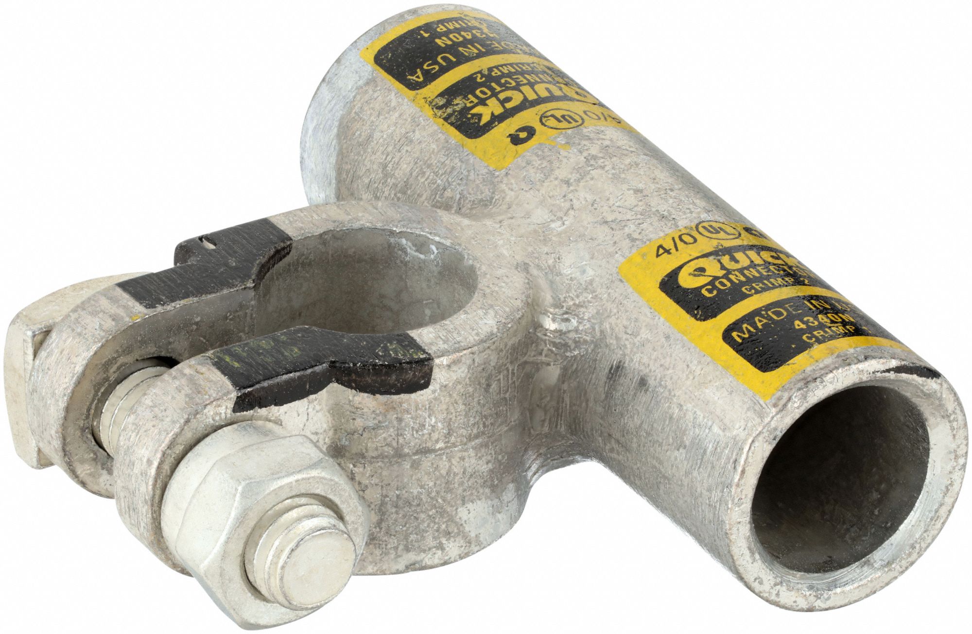 Battery Terminal: Flag, Crimp, 4/0 ga, Yellow Color, Negative, Copper/Tin, 2.3 in Overall Wd