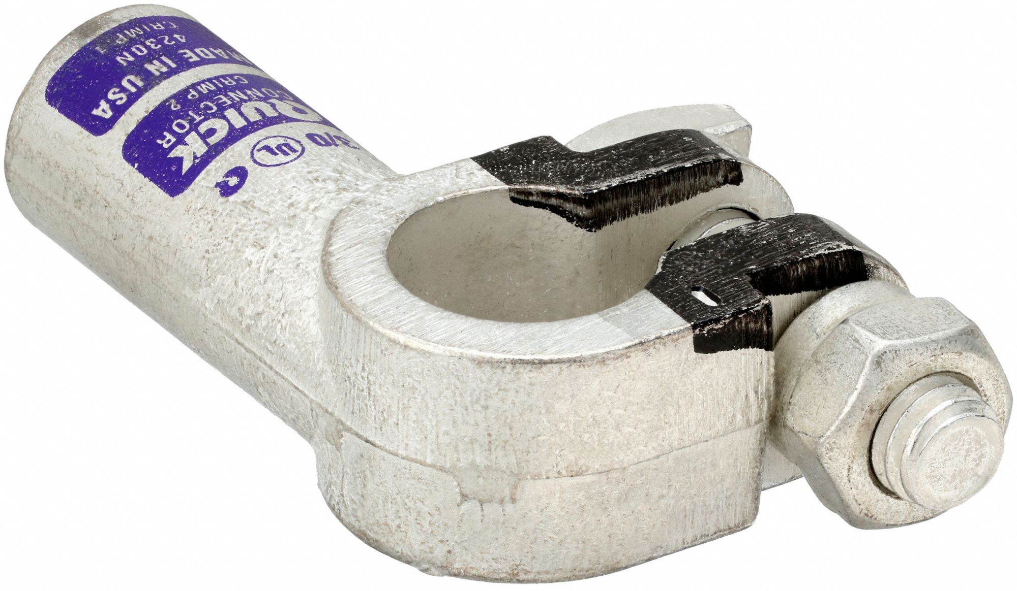 Battery Terminal: Left Elbow, Crimp, 3/0 ga, Purple Color, Negative, Copper/Tin