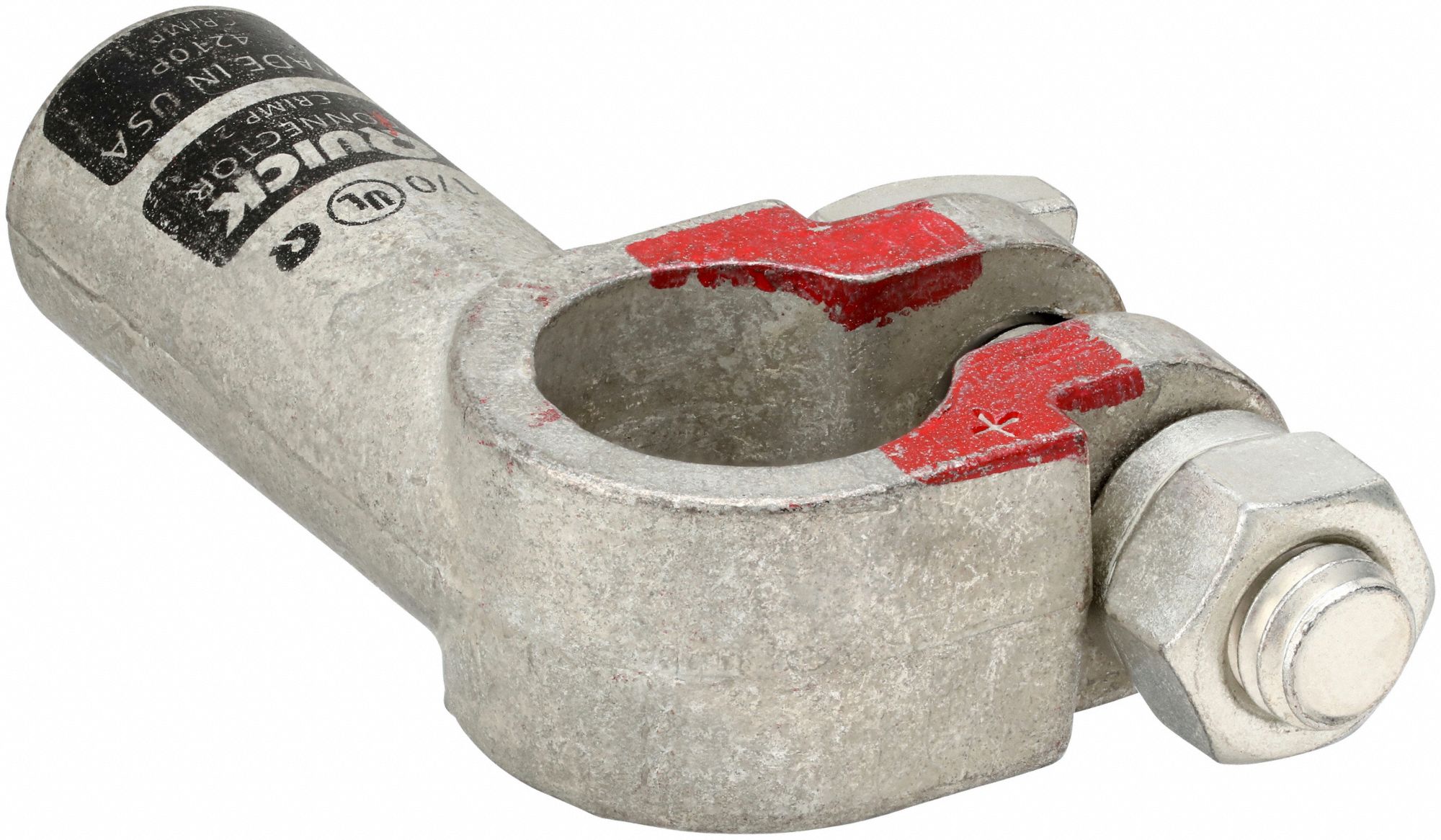 Battery Terminal: Left Elbow, Crimp, 1/0 ga, Black Color, Positive, Copper/Tin