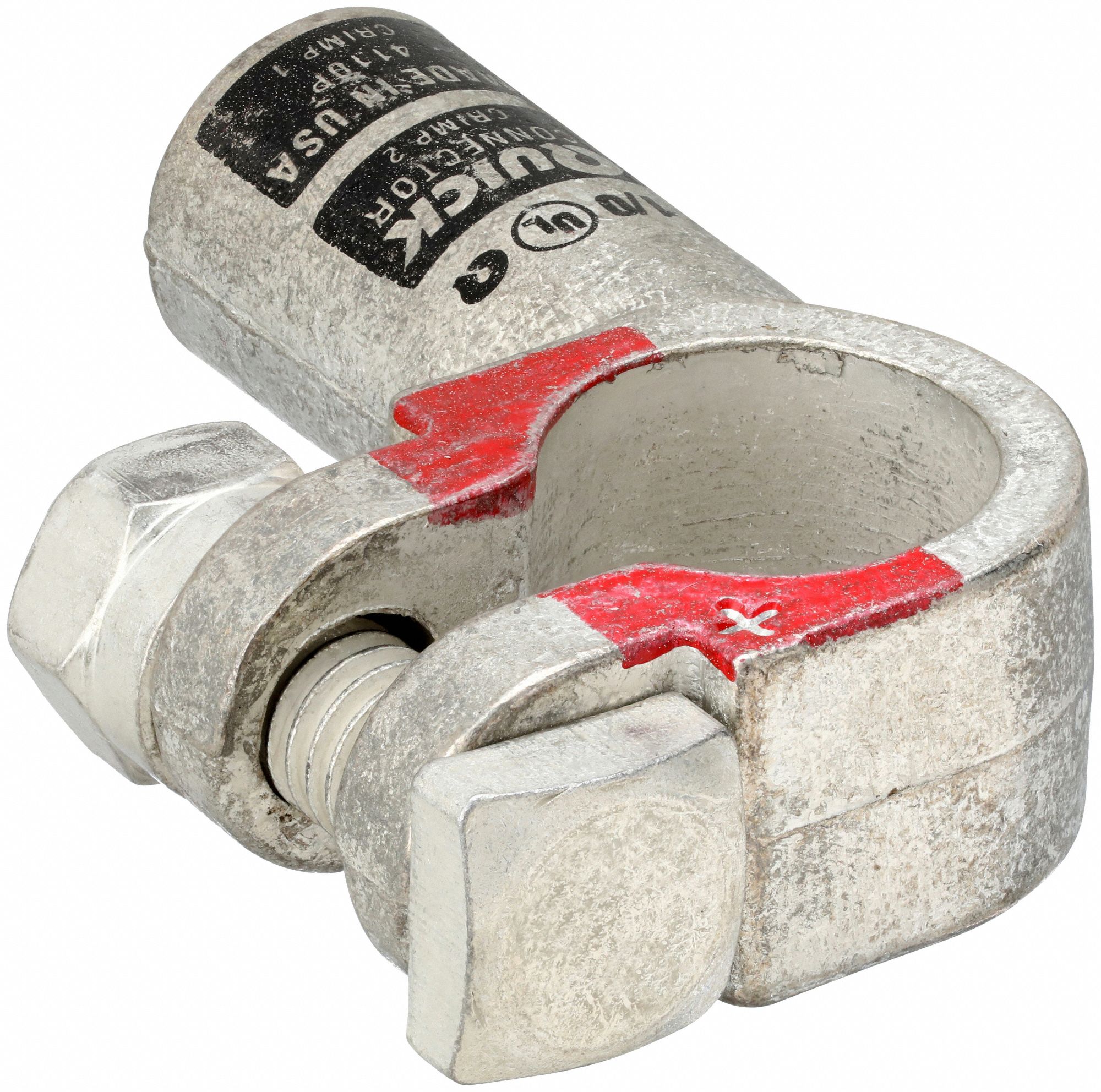 Battery Terminal: Right Elbow, Crimp, 1/0 ga, Black Color, Positive, Copper/Tin