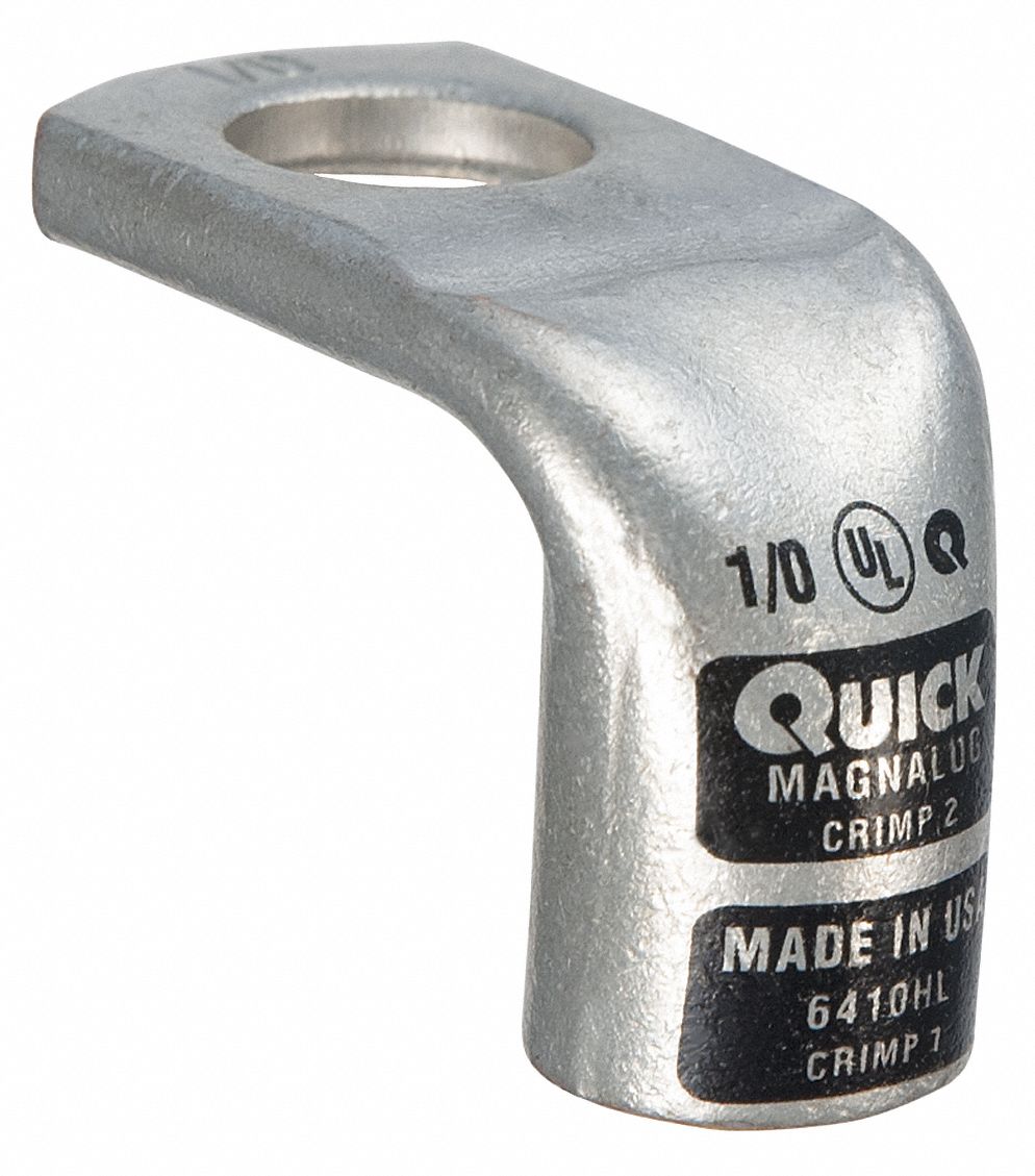 LUG STARTER/GROUND, HEAVY WALL LUG, CRIMP/LUG, TIN PLATED COPPER, 1/0 GA, BLACK, BENT ELBOW
