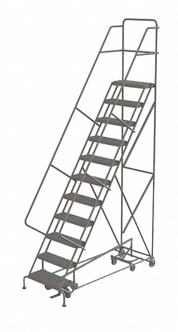 Rolling Ladder: 9.2 ft Platform Ht, Unassembled, Steel, Foot-Activated Step Lock, Perforated