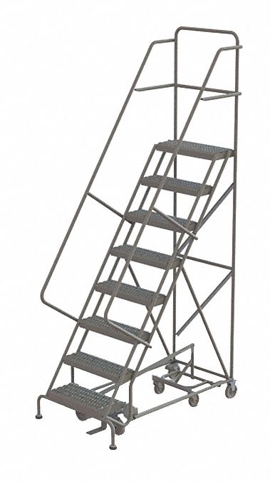 Rolling Ladder: 6.7 ft Platform Ht, Unassembled, Steel, Foot-Activated Step Lock, Perforated