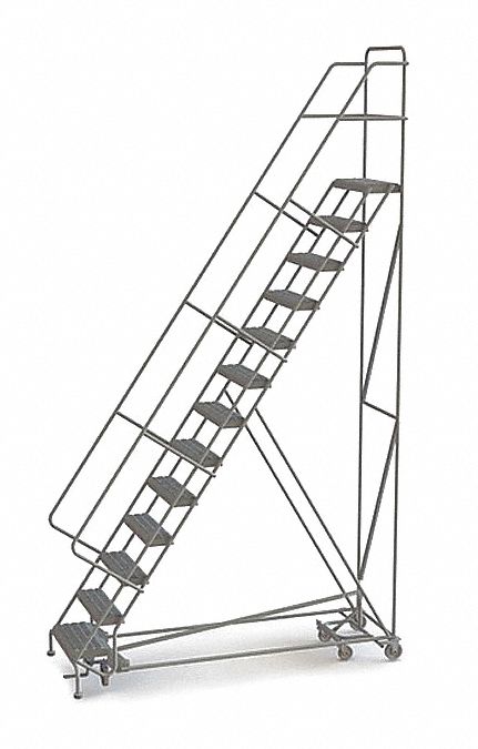 Rolling Ladder: 10.8 ft Platform Ht, Unassembled, Steel, Foot-Activated Step Lock, Serrated