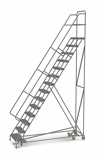 Rolling Ladder: 11.7 ft Platform Ht, Unassembled, Steel, Foot-Activated Step Lock, Serrated